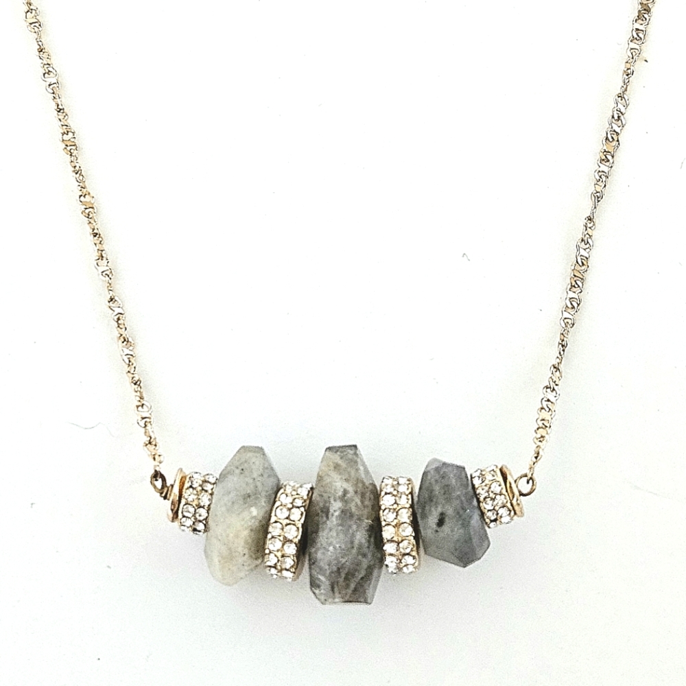 Labradorite Gemstone Chain Necklace with Rhinestone Rondelles, Gold Plated, 18"